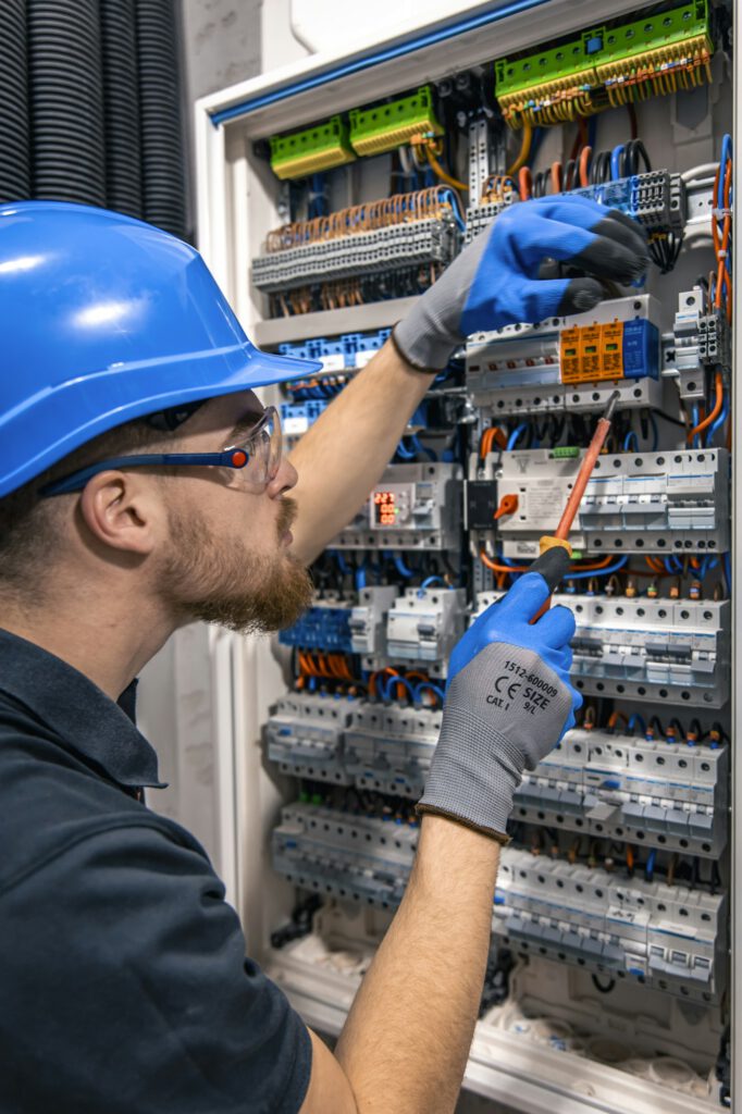 Male electrician working in a switchboard with fuses.